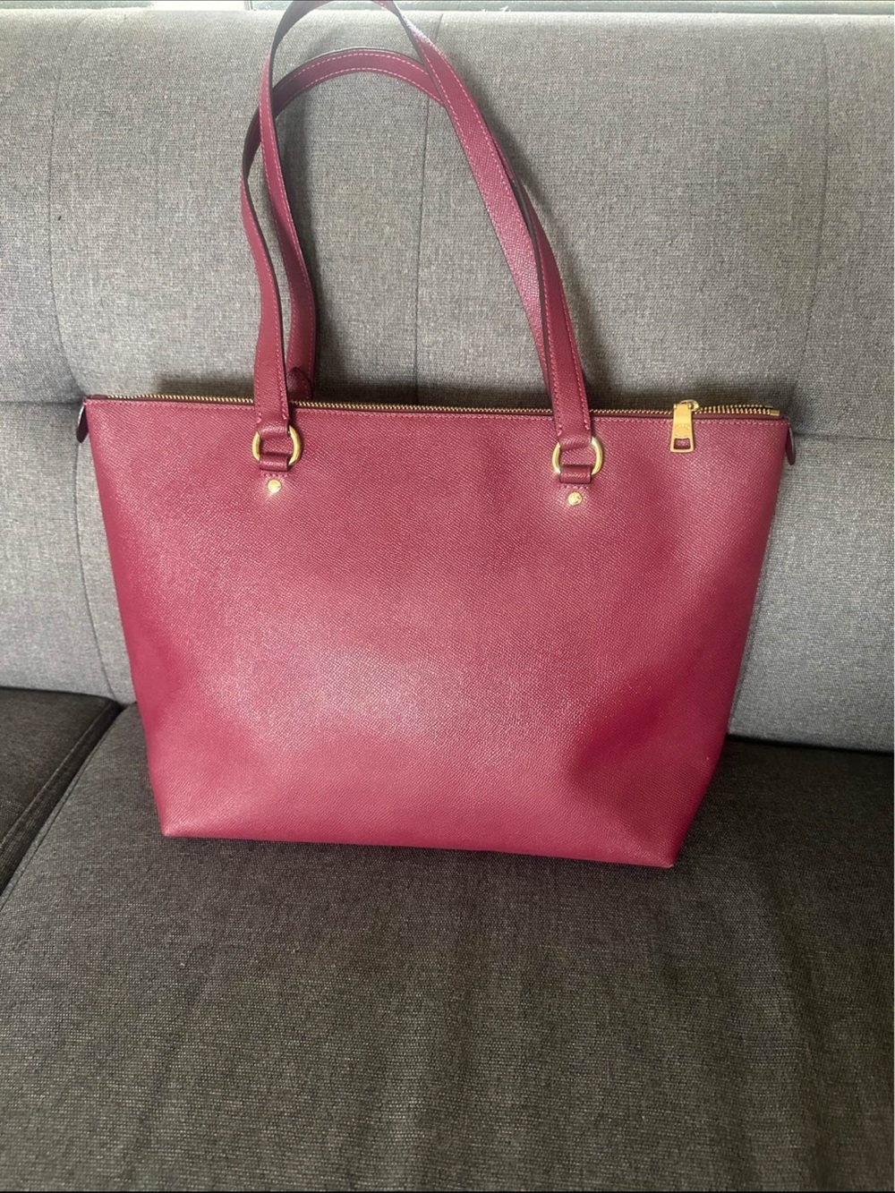 Coach Burgundy Saffiano Leather Tote with Gold Hardware - Picture 2 of 6